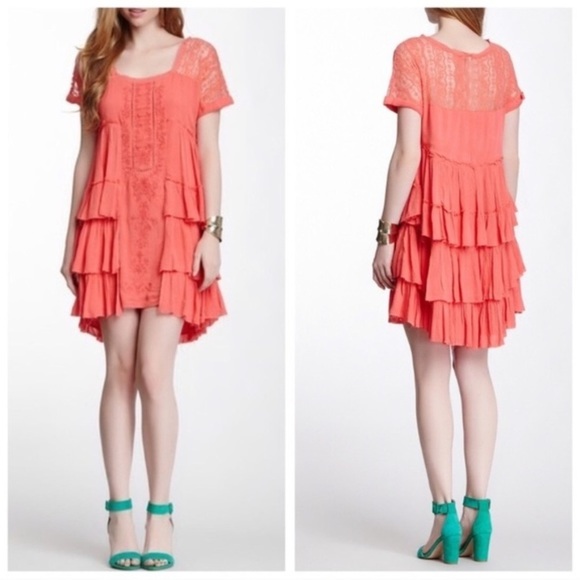 Free People Sunbeam Gauze Lace Tiered Dress Coral Size Small - Picture 15 of 15